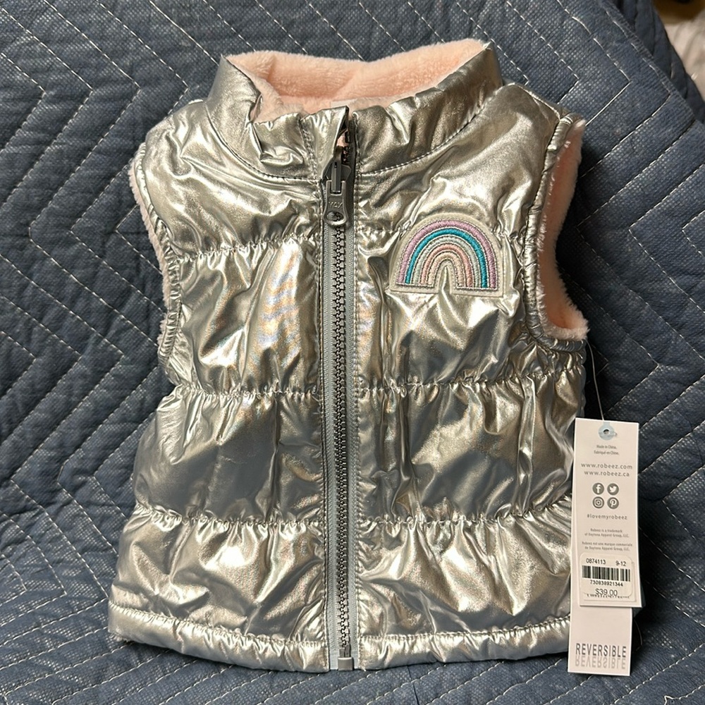 Robeez Baby Puffer Vest Reversible Rainbow Silver Pink